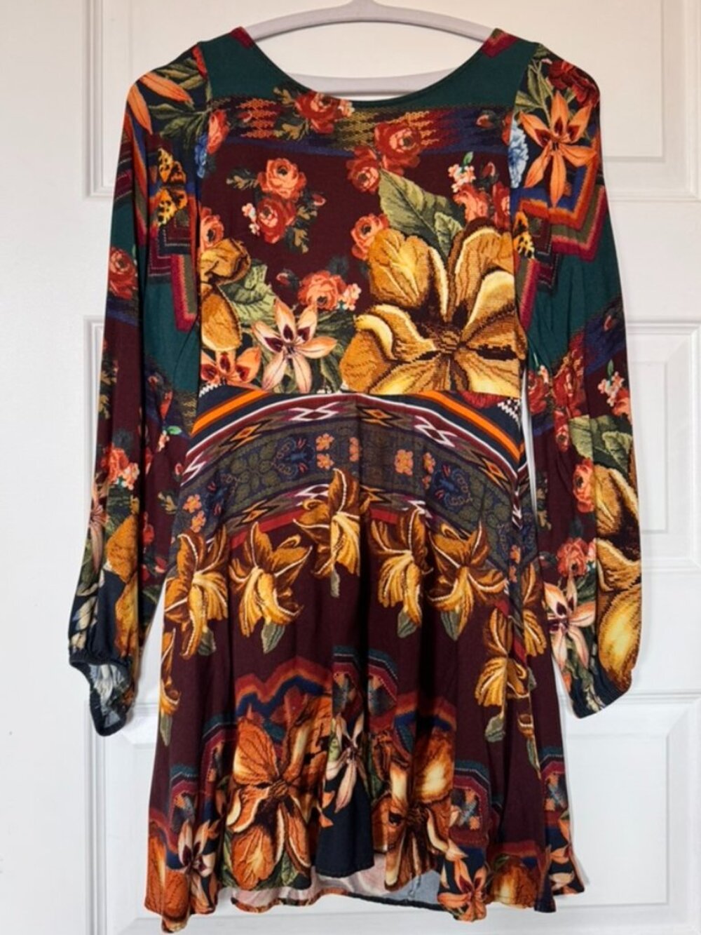 Farm Rio Floral Print Mini Dress Open Back Boho Long Sleeve Size M